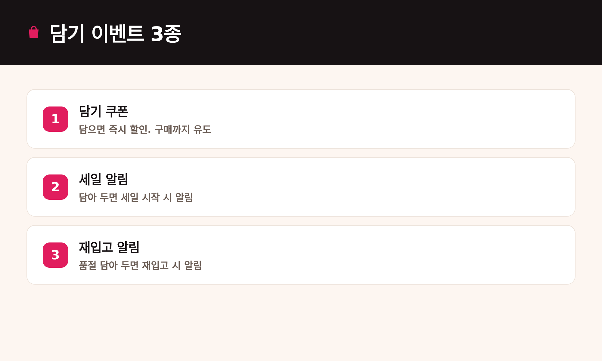 담기 이벤트 3종: 담기 쿠폰, 세일 알림, 재입고 알림